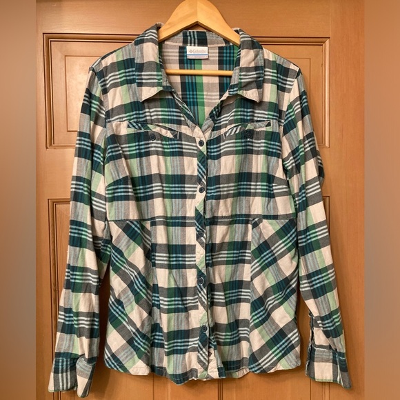 💙Columbia Women’s Green Long Sleeve Flannel, 100% Cotton - Size Large - Picture 1 of 6